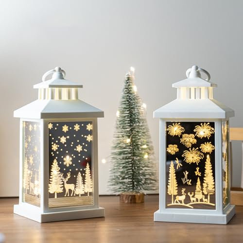 2 Stück Laterne Weihnachten, Weihnachtslaterne Mit LED Licht, 10 X 22 Cm Batteriestelle Deko Weihnachten, Schneelaterne Mit Elch Schneeflocke Weihnachtsbaum, Hängend Weihnachtsdeko Innen (2STK)