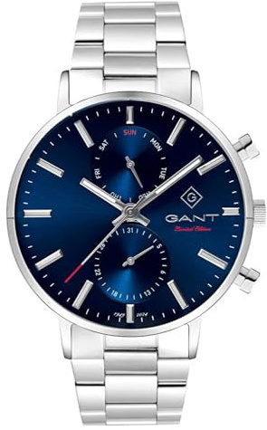 Gant Herren-Armbanduhr Naples-IPB 3-hands, Circular Day-Date 43,5 mm GehäusedurchmesserSilber Gehäuse blaues Zifferblatt Metallarmband, blu, Armband