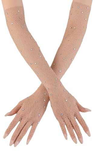 JIHUOO Rhinestone Long Sparkly Mesh Opera Gloves - Fishnet Halloween Costume Tea Party Gloves in Nude Color