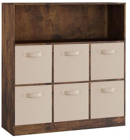 URBNLIVING Wooden Wide 7 Cubed Cupboard Bookcase Storage Units Shelves 6 Drawers Baskets (Beige Drawer, Rustic Brown)
