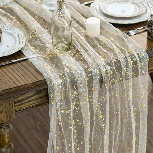 Artoid Mode Gaze Tüll Glitter Folie Beige Gold 6 Stück Tischläufer 70x300 cm, Küche Tisch Dekoration Drinnen Urlaub Party Geburtstag Dekor