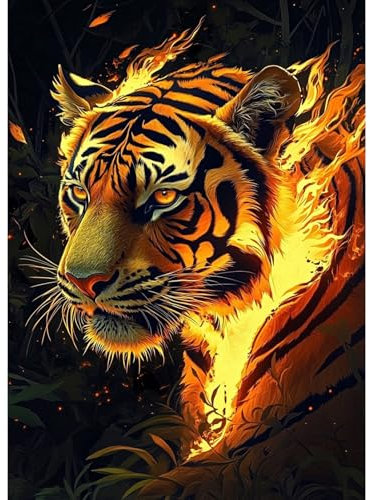 MAXBYE Tiger Flame Diamond Painting Art Kits, 5D Diamond Art Kits Round Full Drill Diamond Painting für Erwachsene Anfänger, DIY Diamant Bilder Art Set Kristall Kreuzstich Home Wall Decor 30x40cm