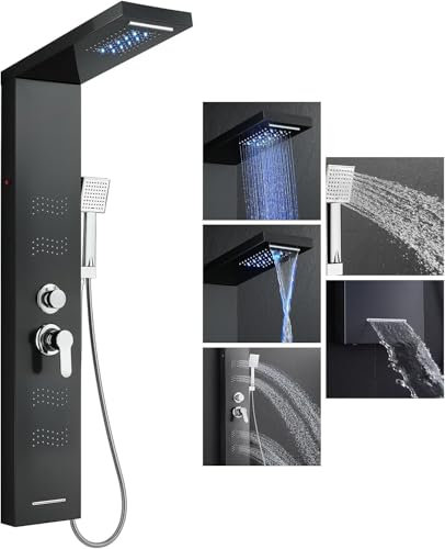 LLFFSSDG Sistema de Panel de ducha LED panel de ducha de acero inoxidable completo 6 funciones ducha de lluvia ducha de cascada ducha de masaje caño de bañera sistema de ducha Negro