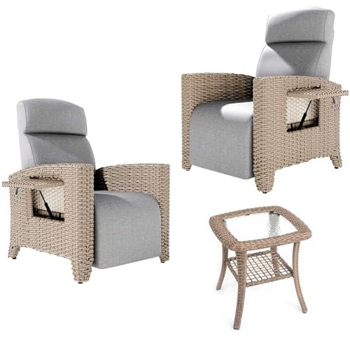Relaxliege Liegesessel&Beistelltisch-Set, Rattansessel, Verstellbare Rückenlehne, mit Dickem Kissen, Geeignet für Innen und Außen (Braune+ Graues Relaxliege 2-PACK)+(Braune Beistelltisch 1-PACK)