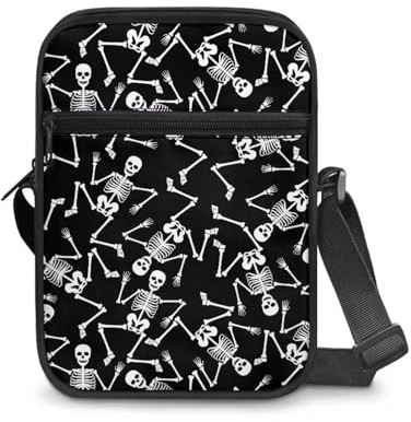 Binienty Damen-Umhängetasche, Kuriertasche für Handy, Herren, Reißverschluss, Schultertasche mit verstellbarem Schulterriemen, Retro-Totenkopf, Einheitsgröße