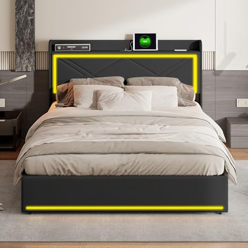 Polsterbett Doppelbett Bettanlage 140x200 cm, Modern Polsterbett, Kopfteil mit LED und USB Ladestation, Stabiler Bettrahmen mit Lattenrost, PU-Leder, Ohne Matratze (Schwarz-C)
