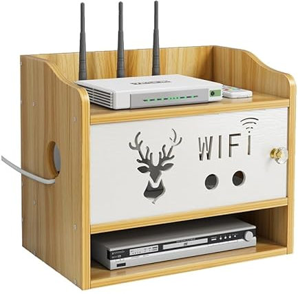 RAGOPILEN Rack per Router, Scatola portaoggetti for Router e Modem in Legno di ciliegio Multicolore 29,1x21,6x33,8 cm, multipresa a 3 Strati, Protezione Contro Le sovratensioni(B)