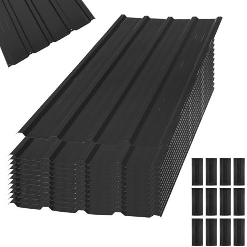 12 Chapa Tejado, Chapa Galvanizada, Láminas Onduladas Trapezoidales de Acero Galvanizado, 110cm X 45 Cm = 6,2 M², Para Cobertizo, Placas de Techo de 0,2 mm (Negro)