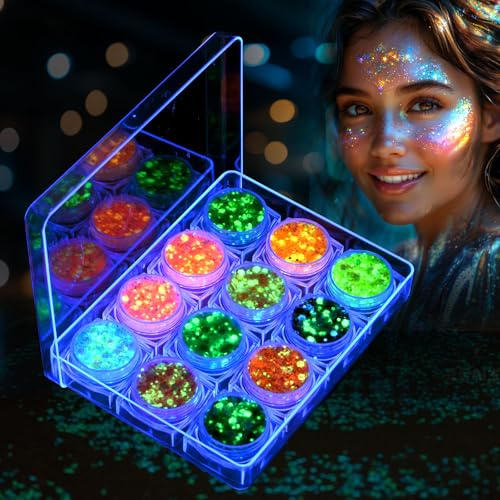 AOOWU Chunky Glitter 12 Colors with Gel Base, Holographic Cosmetic Glitter for Face Body Nails, Festival Makeup Glitter Set for Eye Hair Art and DIY Crafts