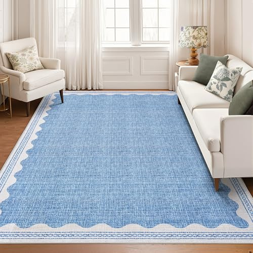 CAROMIO 160x230cm Large Area Rugs Living Room Washable Scalloped Blue | Non Slip, Low Pile Indoor Carpet, Foldable Floor Mat, Nursery, Dining Room, Office