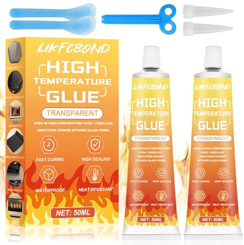 LIKFCBOND Silicone Alta Temperatura, Colla alta temperatura, Colla per Guarnizioni da Forno, Adesivo per Forni, Silicone Resistente al Calore Trasparente per Caminetti, Stufe, 2 Pezzi, 50ML