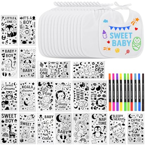 Babylätzchen zum Bemalen 22×18cm, 15er Set aus Baumwolle mit 12 Textilstiften und 20 Schablonen, Kreatives Lätzchen Bemalen Baby Set für Babyparty, Babyshower Spiele, Jungen und Mädchen Geschenkidee