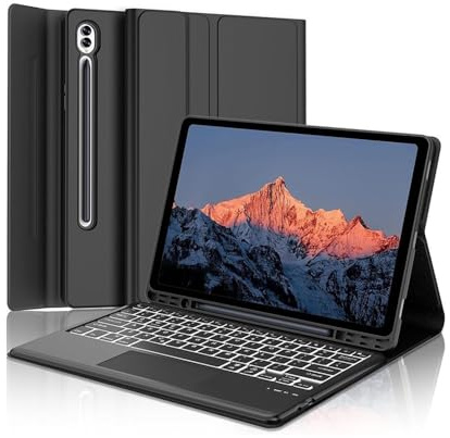 YSJX Abnehmbare Tastatur mit Hintergrundbeleuchtung, Klapphülle aus Leder mit Standfunktion, kompatibel mit Samsung Galaxy Tab S7 Plus 12,4 Zoll(Black+Keyboard)
