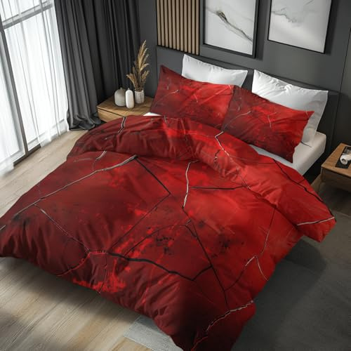 Generisch Roter Marmor Bettwäsche 200x200 Modern Abstrakt Motiv 3tlg, Weiche Mikrofaser Bettbezug & 2 Kissenbezüge 80x80, Wendebettwäsche für Schlafzimmer Deko, Geschenke (H117)