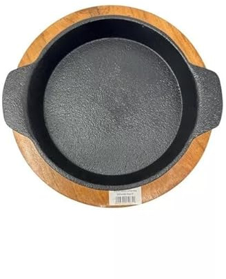 Chefline Heavy Duty 5.5 Round Cast Iron Sizzler Platter with Acacia Wooden Base Ideal for Mixed Grill, Meat, Fish, Tandoori, Veg, Fajita, Steak Sizzler Server Restaurant Household