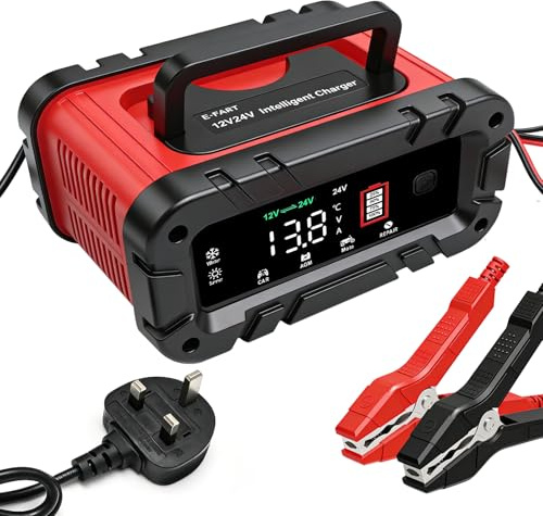 Hoypeyfiy 10A Battery Charger, 12V 24V Smart Battery Maintainer with Temperature Compensation for Car Motorcycle Truck, LiFePO4 Lead Acid Smart Portable Charger
