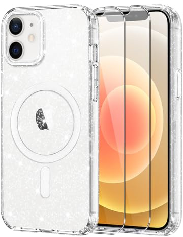 Knrlqim Glitzer Hülle für iPhone 12/12 Pro, Magnetische mit MagSafe | Transparent TPU Bling Handyhülle, mit 2x 9H Schutzglas, Stoßfest Kratzfest Funkelnd Case für iPhone 12/12 Pro, Anti-Gelbstich