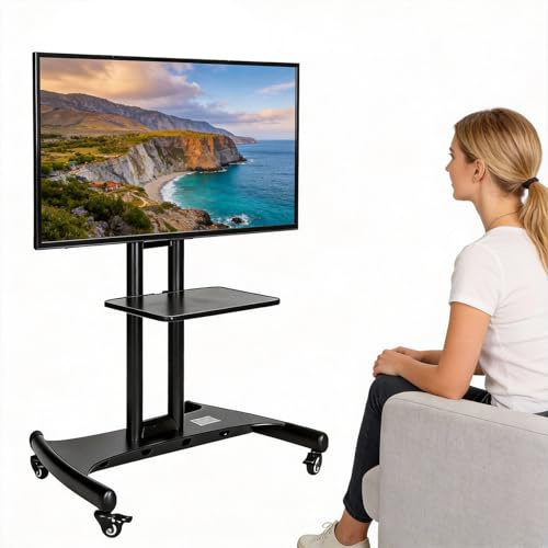 Aukojoy Portable Mobile TV Stand with Wheels for 32 To 75 Inch LED/LCD/OLED TVs Hight Adjustable Universal Flat Curved Screens Mount with Shelf Max Load 45kg