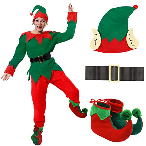 Ladies Elf Costume - Womens Cheeky Elf Christmas Fancy Dress- Green Top + Red Trousers + Belt + Elf Hat With Ears + Deluxe Pom Pom Elf Shoes (XX-Large | 22-24)