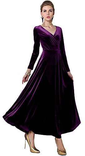 Urban GoCo Femme Vintage Velours Robe Col V Manches Longues de Soirée Cocktail Longue (XL, Violet)