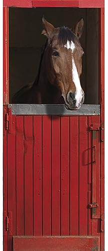 Trompe l'oeil porte Adhésif Cheval Porte Rouge Décoration Murale, Polyvinyle, Multicolore, 83 x 0,1 x 204 cm