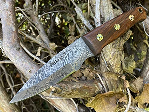 Perkin coltello da caccia con fodero in pelle Damasco lama in acciaio coltello bushcraft con coltello temperamatite