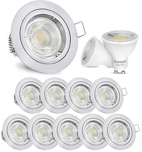 10 Stück LED Einbaustrahler Set Edelstahl Optik gebürstet rund warmweiß 3W 230V - linovum® Einbauleuchte Anschluss ohne Trafo inkl. GU10 Fassung