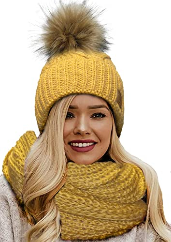 4sold Mütze & Schal Schlauchscha Damen Gerippt Winter Beanie mit Fleece Strickmütze Mohair Wolle Wurm mit Faux Fell-Bommel Bommel Pom Pom Strick Gefüttert - Set Birma Mustard