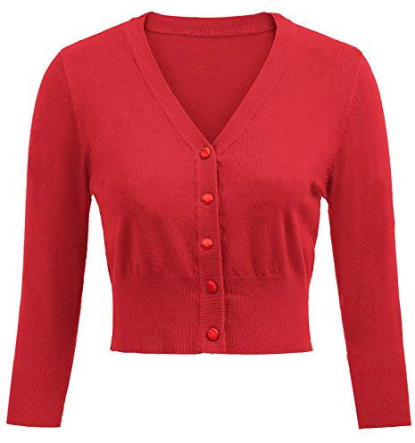 Belle Poque Ladies Vintage 1950s Tope 3/4 Sleeve Cardigan Shrug Red(928-5) Medium