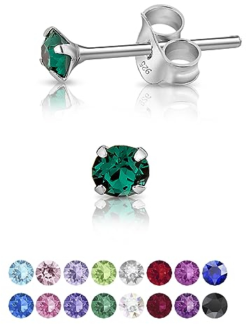DTPsilver - * MINI * Boucles d'oreilles/Clous en Argent Fin 925 et Cristaux de Swarovski® Elements Ronds - Diamètre: 3 mm - Couleur: Emeraude