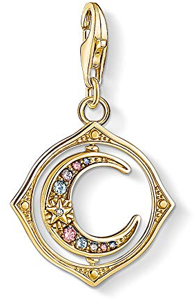 Thomas Sabo Charm-Anhänger, Sterlingsilber, vergoldet, Zirkonia, Glas-Keramik Stein, synthetischer Spinell, Mond, Gold