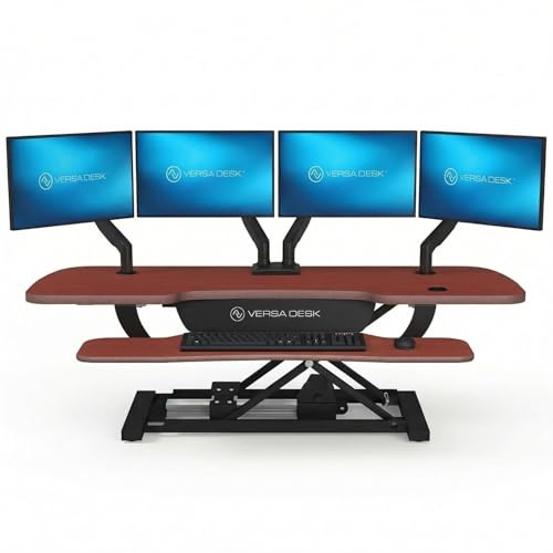 VERSADESK PowerPro 48 Inch Electric Standing Desk Converter – Push-Button Height Adjustable Sit to Stand Desk Riser for Multiple Monitors – Motorized Desktop Workstation with Wide Keyboard Tray