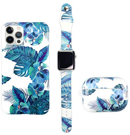 Makzib Matching Case compatible with iPhone 12 pro max,Airpods Pro case with Watch band. Marble design Thin slim Glossy 3 in 1 protective cases (38mm/40mm, Marble Teal & gold)