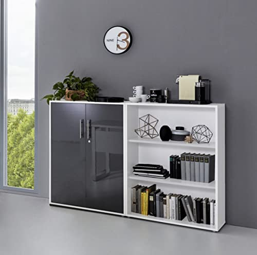 Schrankwand Office Edition abschliessbarer Aktenschrank Büroschrank Büromöbel Regal in Weiß/Anthrazit Hochglanz (Set 1 Niedrig)