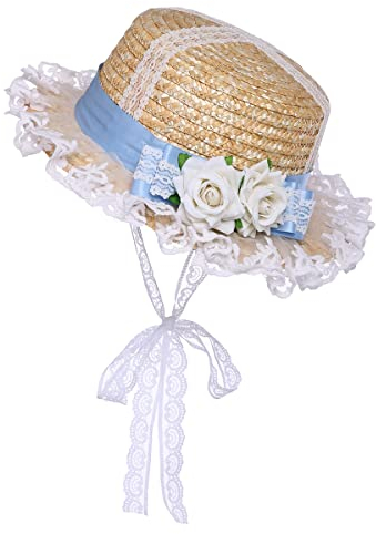 COSDREAMER Sonnenhut für Mädchen und Frauen, viktorianischer Teeparty, breite Krempe, Bänder, Strohhüte (blau)