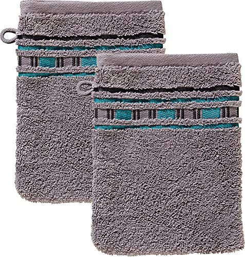 Erwin Müller Waschhandschuh, Waschlappen 2er-Pack - Achern - 500g/m² - schnell trocknend, extra saugstark - Größe 16x21 cm grau/türkis