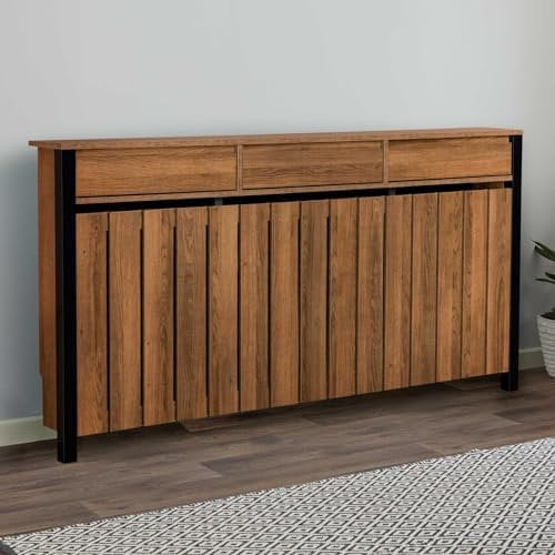 DuraTherm® Radiator Cover Black & Wood Plywood Cabinet Vertical Slat Storage Drawers & Shelf, Radiator Cabinets for Office Hallway Living Room Bedroom, Large (H: 160cm / W: 93cm / D: 19cm)