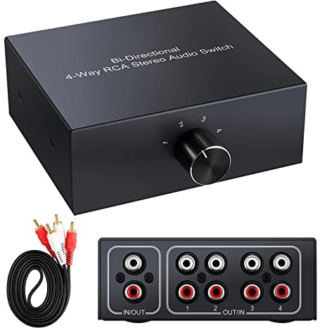Commutatore audio stereo bidirezionale L/R RCA a 4 vie, 1 in 4 uscite o 4 in 1 uscita, splitter audio per canali audio L/R, scatola per selettore audio per lettore CD con altoparlante stereo DVD