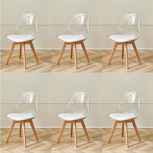 GrandCA HOME 6er Set Esszimmerstühle mit Sitzkissen aus PU-Leder, transparente Beistellstühle für Küche, Esszimmer, Schlafzimmer (Weiß/PU)