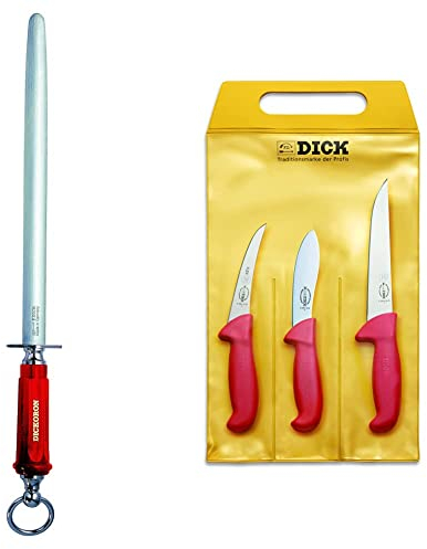 F. DICK Wetzstahl Dickoron Classic, 7598330, 48.26 x 5.09 x 2.13 cm und Messer Set ErgoGrip 3-teilig, Jagd Indoor (geschweifte Klinge 13 cm, Abhäutemesser 13 cm, Stechmesser 18 cm, HRC 56°) 82556100