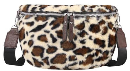 OBC Damen Leoparden-Print Tasche Teddyfell Plüsch Bauchtasche Hüfttasche Schultertasche Fell Bodybag Umhängetasche Crossbody Teddyplüsch Handytasche Crossbag Gürteltasche Wintertasche Taupe