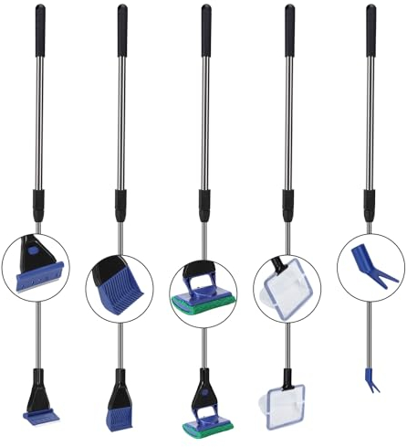 Nobleza Limpiadores para Acuarios, 5 en 1 Kit Retráctil Limpiador Acuario - Red de Pesca, Raspador de Algas, Rastrillo de Grava, Horquilla de Planta, Esponja