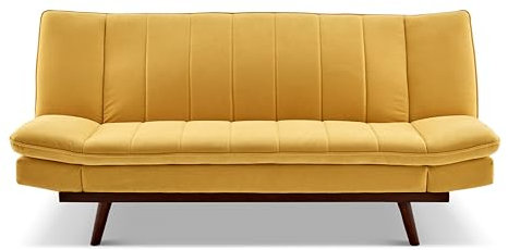 Bravich Mondaine 3 Seater Sofa Bed - Yellow. Velvet Fabric Click Clack Sofa Bed, Recliner Couch To Double Bed. Space Saving Furniture For Living Room, Bedroom & Guest Room- 188 x 94 x 87cm
