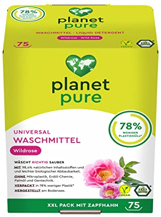 PLANET PURE Universal Waschmittel Wildrose 3 Liter mit Zapfhahn 75WL 98,4% nat. Inhaltsstoffe vergan
