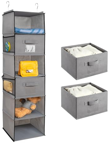 BrilliantJo Hanging Wardrobe Organiser 6 Shelves with 2 Removable Drawers Closet Storage, hanging Shelves Unit with 4 Pockets for Clothes - Grey(12x 12 x 43.3 inch)