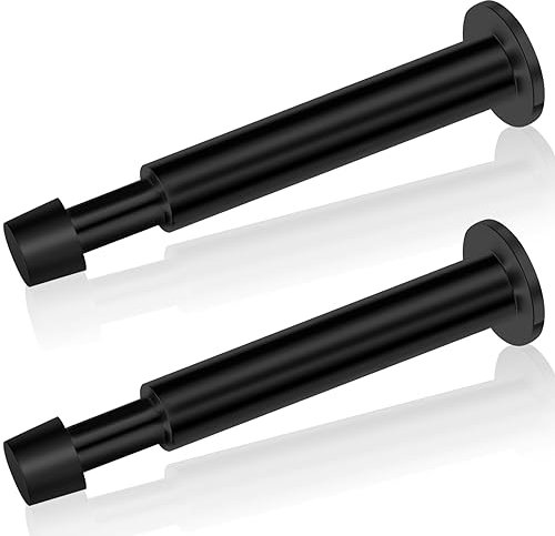 Door Stop, Door Stopper for Skirtings, Black Wall Mounted Long Doorstop with Spring Loaded Indoors Metal Stainless Steel Door Holder with Rubber Bumper Tip, Door Stops Wall Protector, 2 Pack