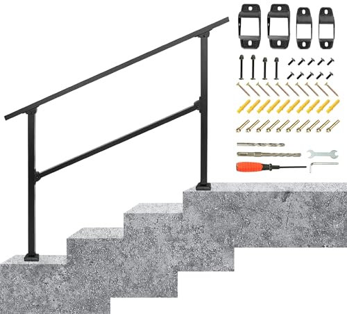 BQKOZFIN Wrought Iron Handrail, Step Handrails for Outdoor Steps, Adjustable Porch Railing Transitional Rail with Installation Kit for Concrete or Wooden Stairs (Black)
