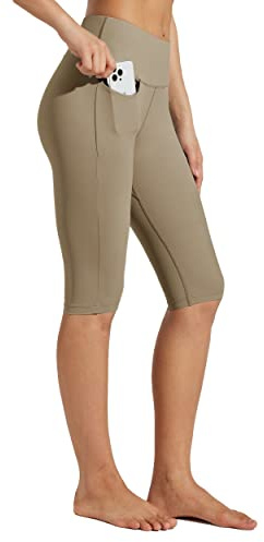 WILLIT Damen Knielange Caprihose Leggings Capri mit Taschen High Waisted Übung Capris Hosen für den Sommer Yoga Workout Greige M