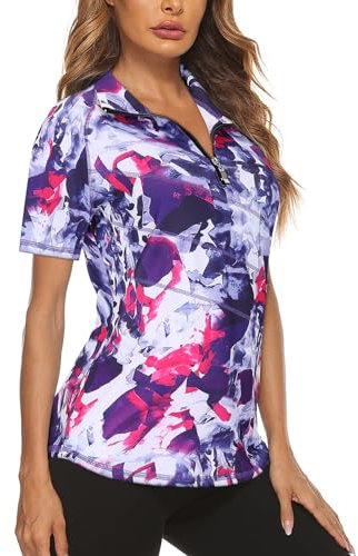 Flikity Womens Polo Shirts, Collared Neck T Shirts for Ladies Short Sleeve Exercise Casual Sport Gym Yoga Tennis Tees 1/4 Zip Running Hiking Tops Sun Protection Summer Top 2XL