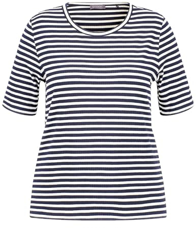 Samoon Damen Geringeltes Halbarmshirt mit RIPP-Struktur halber Arm gestreift Navy-Beige Ringel 48